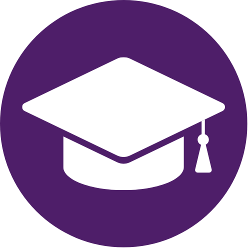 white graduation hat icon on purple circle background